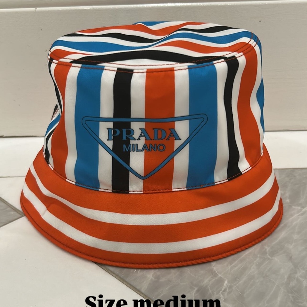Prada Striped Bucket Hat - Vibrant Orange, Blue, Black, White
